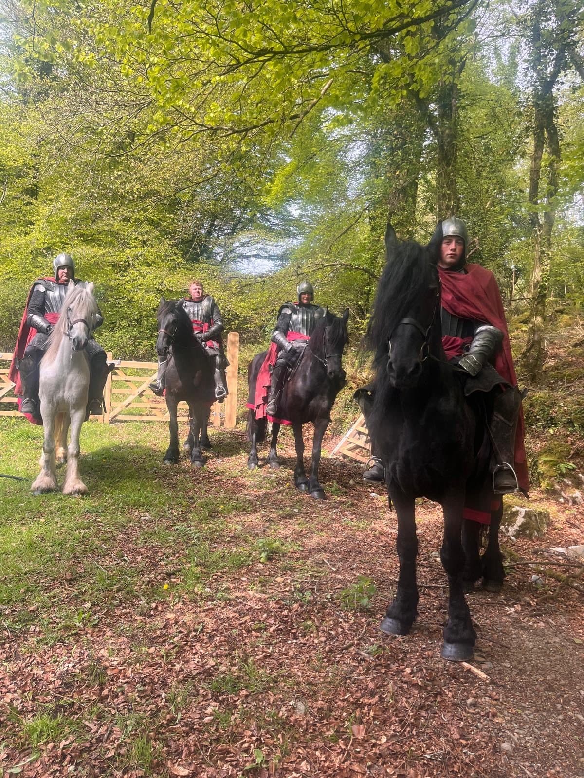 Four armoured knights on horseback on a woodland track during filming